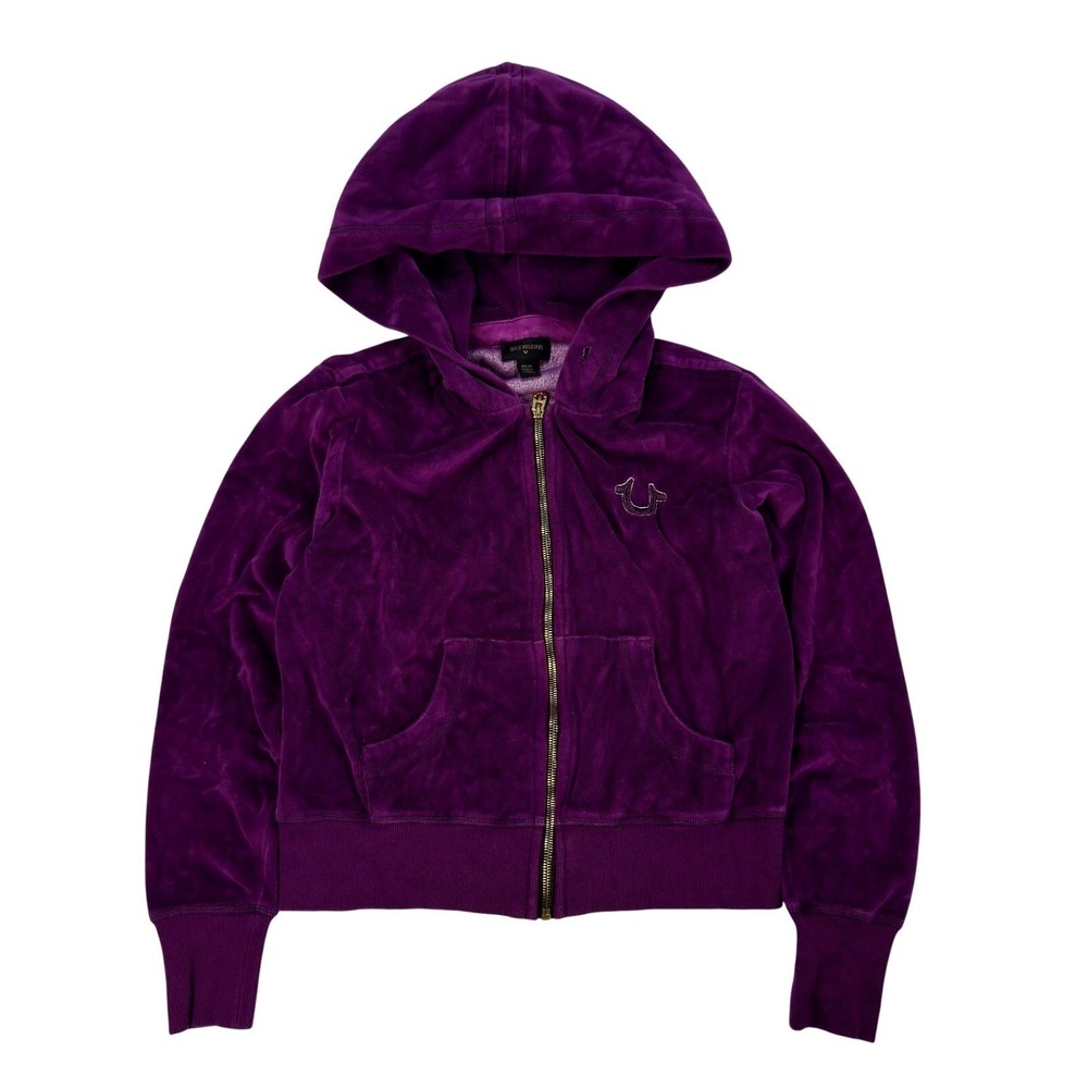 True Religion Velour Cropped Hoodie Womens‎ Size XS Full Zip Jacket Purple